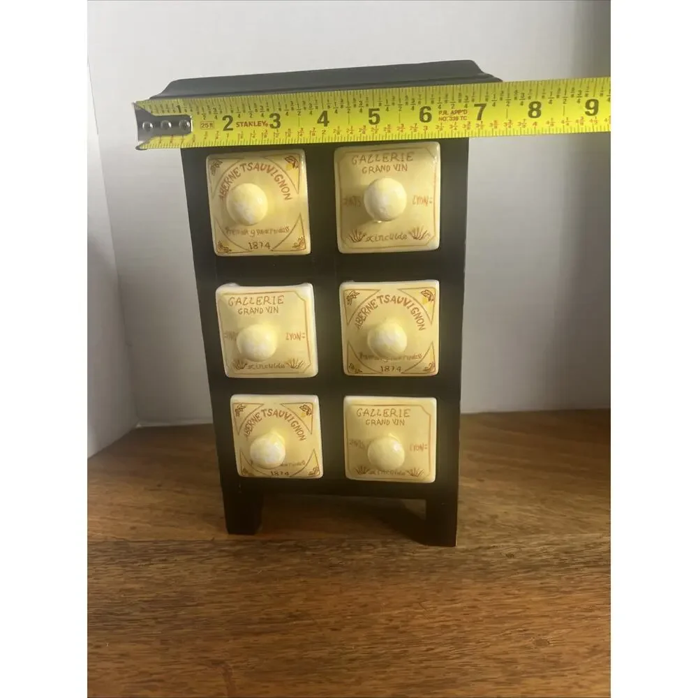 Vintage French Style Apothecary Spice Rack with 6 Porcelain Drawers and Wood Cab